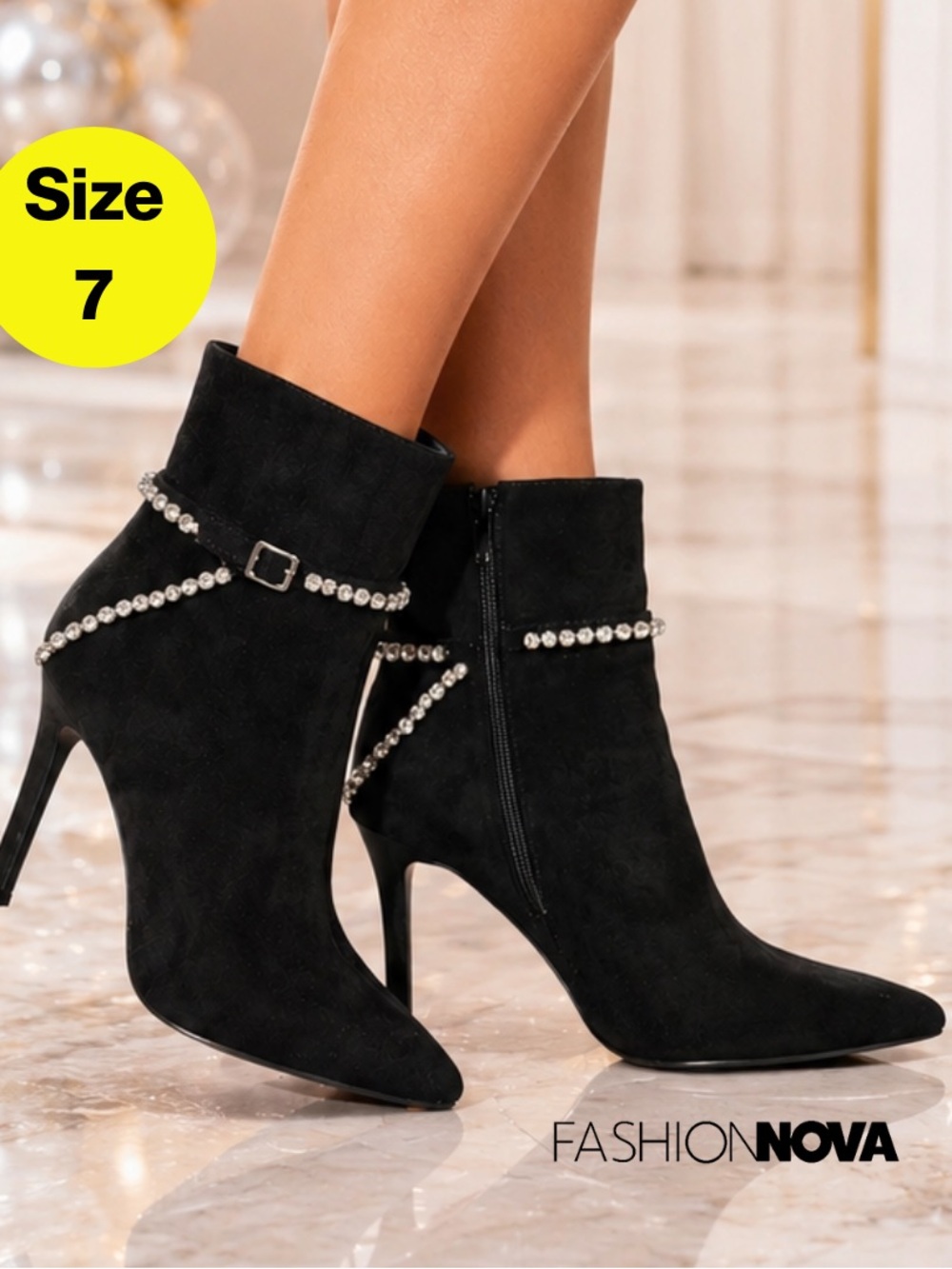 FASHION NOVA 🖤 Rhinestone Black Stiletto Heeled Boots, Calf Height (Size 7)